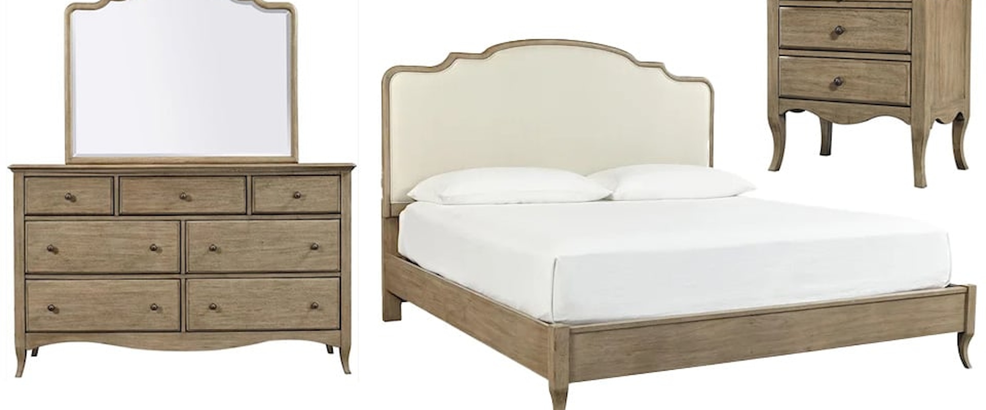 Queen Upholstered Bed, Dresser, Mirror, & Nightstand