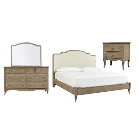 Queen Upholstered Bed, Dresser, Mirror, & Nightstand