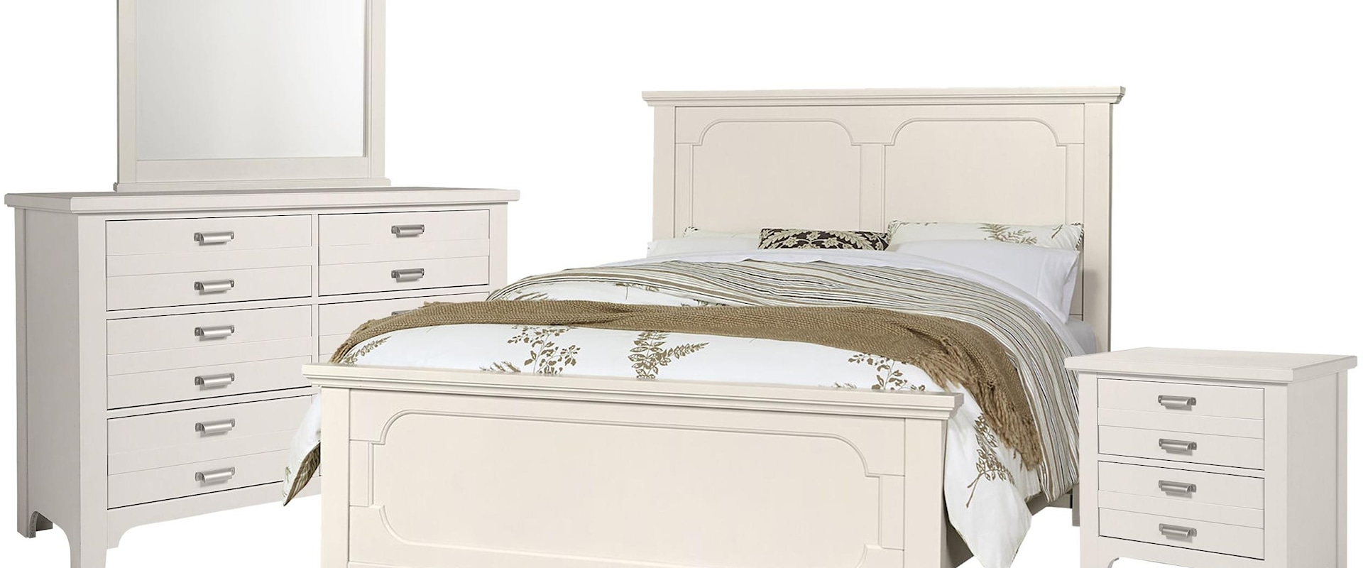 Queen Panel Bed, Double Dresser, Landscape Mirror, 2 Drawer Nightstand