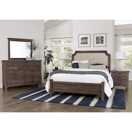 King Upholstered  Bed, Dresser, Mirror, Nigh