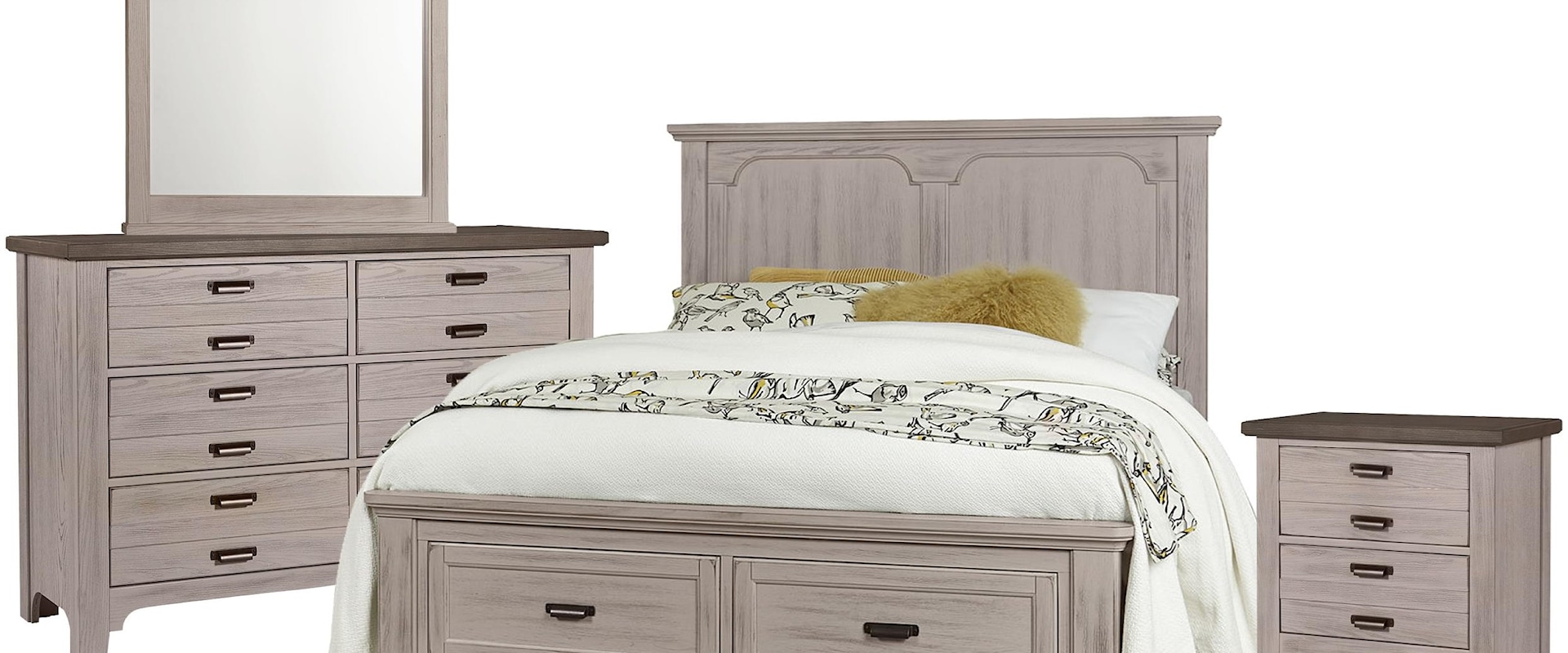 Queen Panel Storage Bed, Double Dresser, Landscape Mirror, 2 Drawer Nightstand
