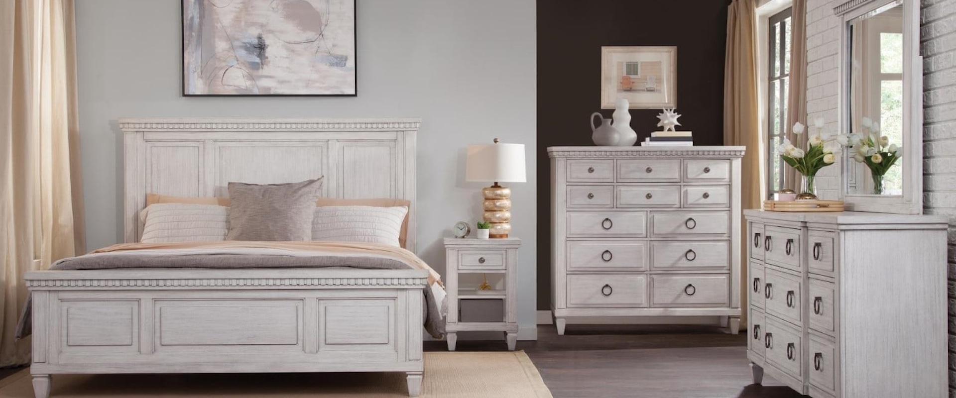 Queen Panel Bed, Dresser, Mirror, & Nightstand