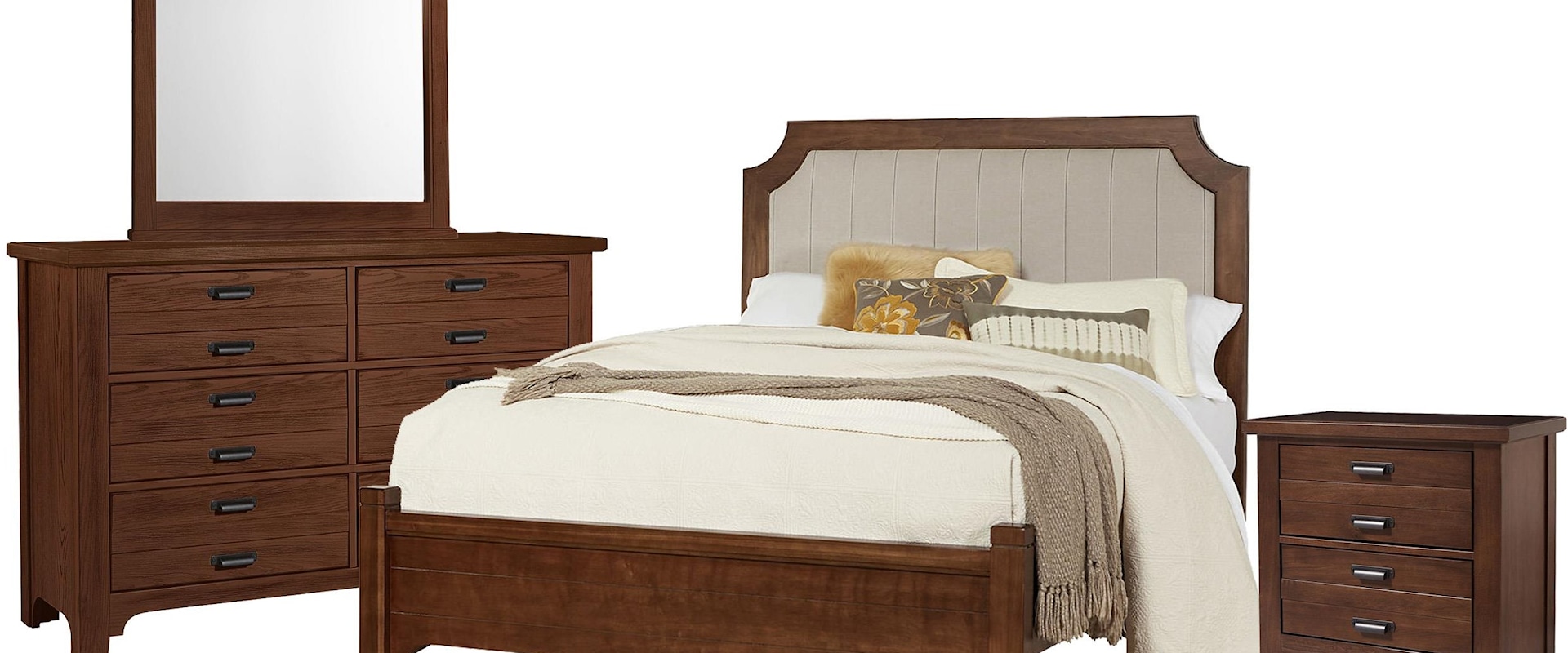 Queen Upholstered Bed, Double Dresser, Landscape Mirror, 2 Drawer Nightstand
