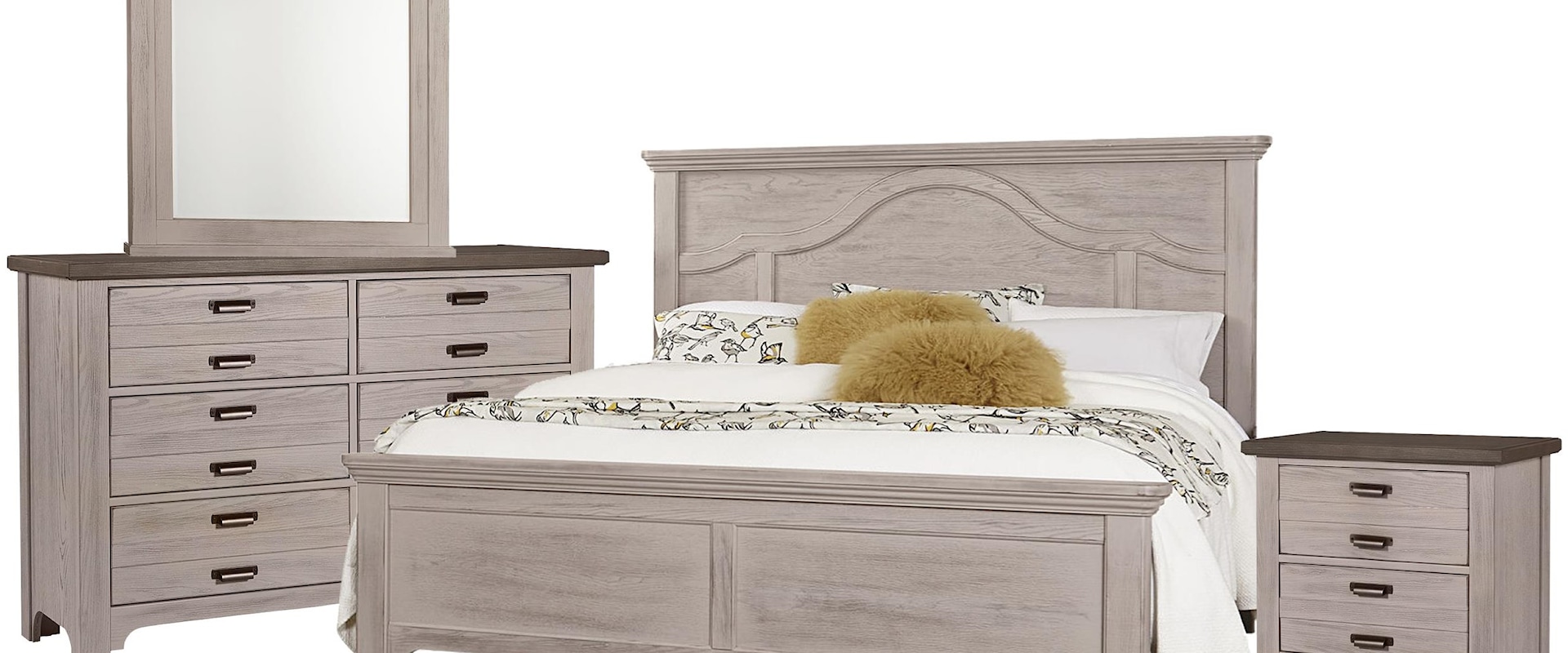 King Mantel Bed, Double Dresser, Arch Mirror, 2 Drawer Nightstand