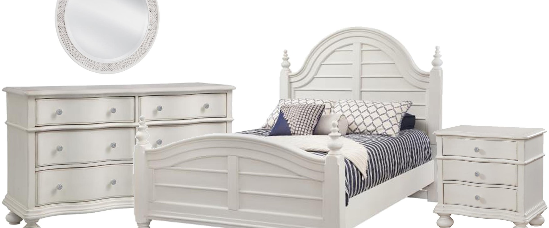 Queen Poster Bed, 6 Drawer Bureau, Round Mirror, and 3 Drawer Nightstand