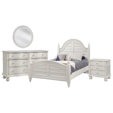 Queen Poster Bed, 6 Drawer Bureau, Round Mirror, and 3 Drawer Nightstand