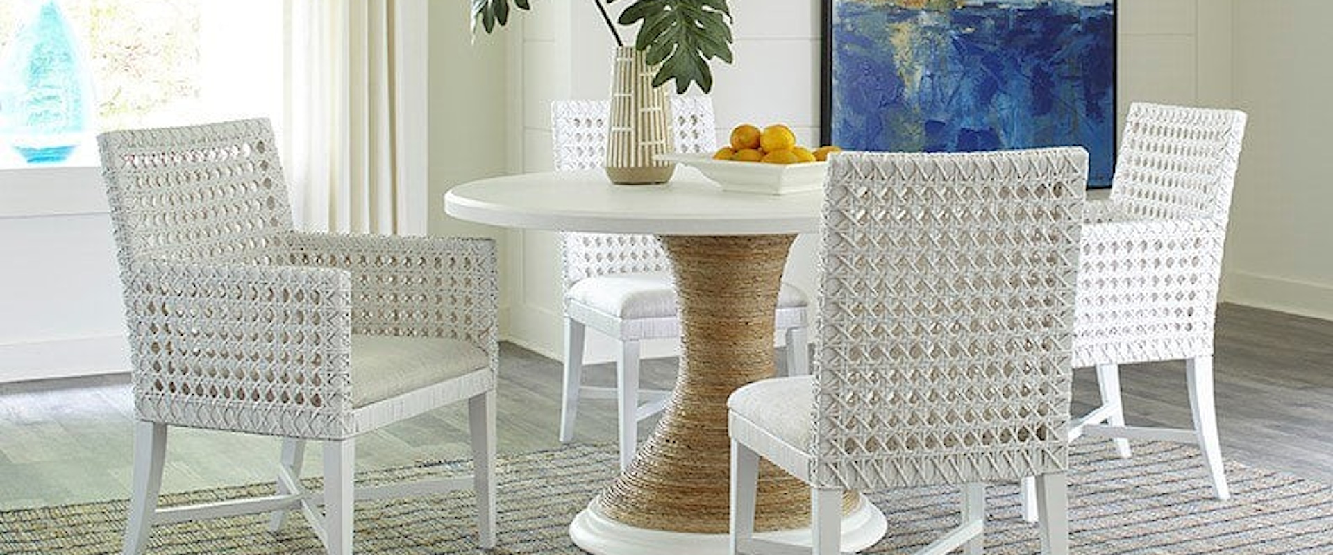 Round Table & 4 Woven Side Chairs
