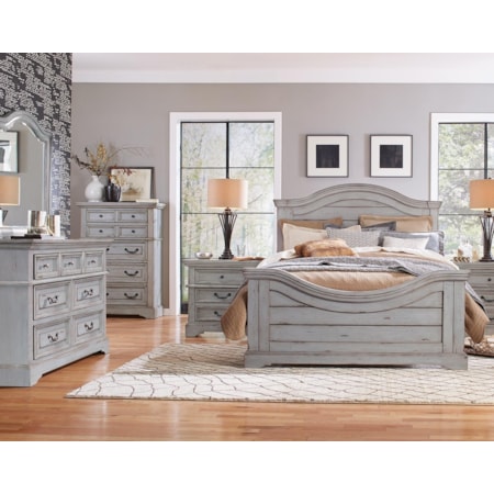 American Woodcrafters Stonebrook in Antique Gray 9931962 King Panel Bed, Dresser, Mirror, Nightstand in Antique Gray Finish | Johnny Janosik | Bedroom Groups American Woodcrafters Stonebrook in Antique Gray 9931962 King Panel Bed, Dresser, Mirror, Nightstand in Antique Gray Finish | Johnny Janosik | Bedroom Groups