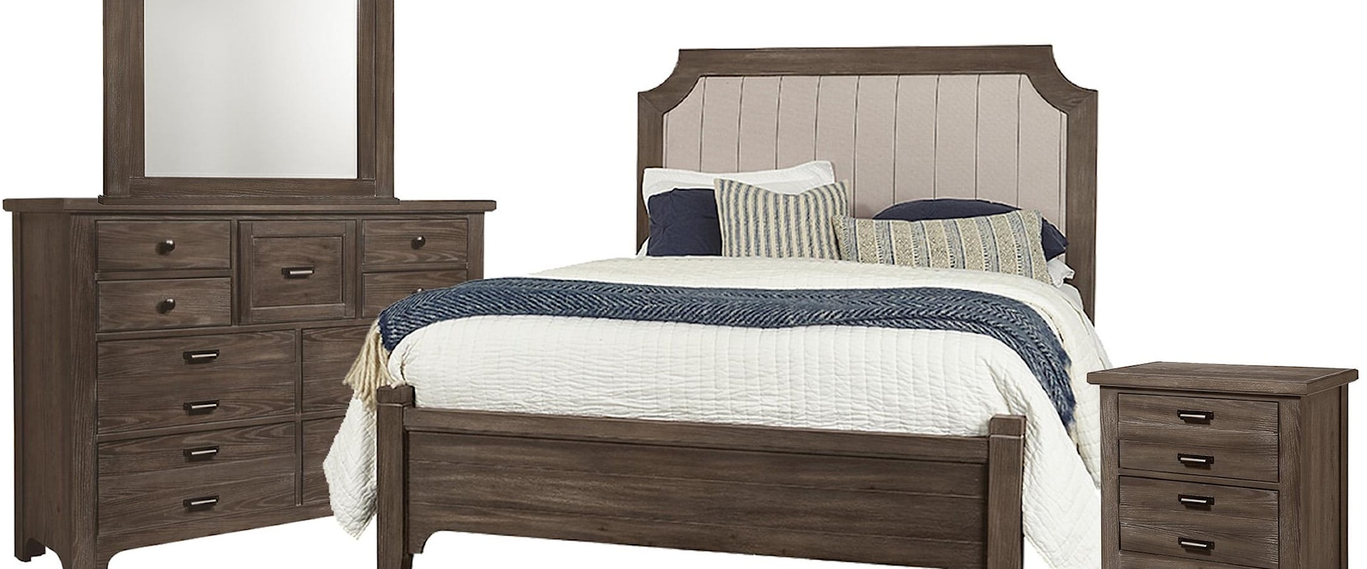 Queen Upholstered Bed, 9 Drawer Dresser, Master Arch Mirror, 2 Drawer Nightstand