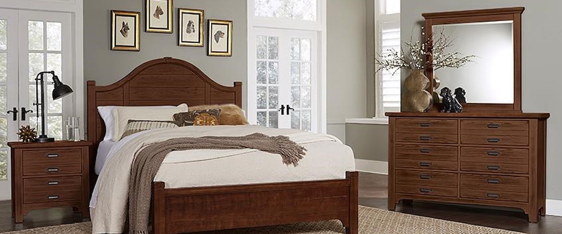 King Arch Bed, Double Dresser, Landscape Mirror, 2 Drawer Nightstand