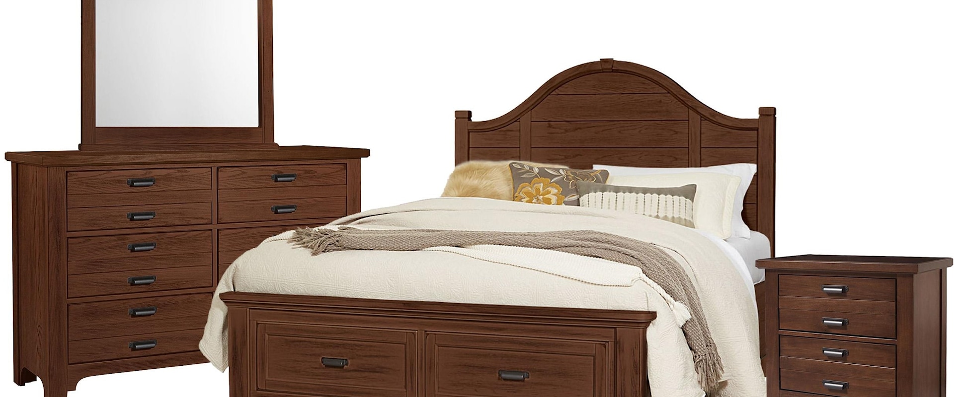 Queen Arch Bed, Double Dresser, Landscape Mirror, 2 Drawer Nightstand