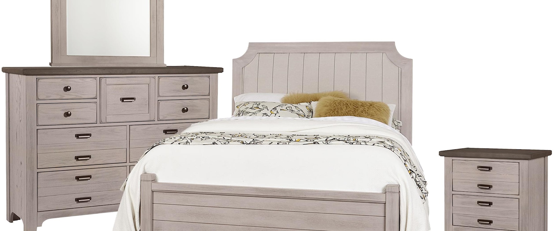 Queen Upholstered Bed, 9 Drawer Dresser, Master Arch Mirror, 2 Drawer Nightstand