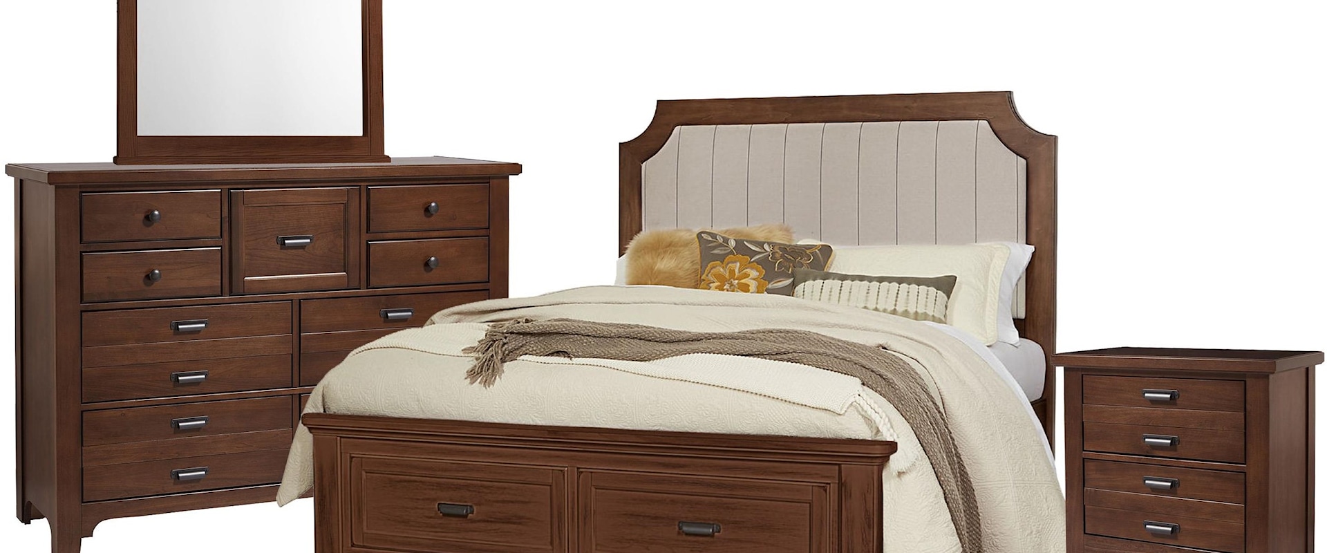 King Upholstered Storage Bed, 9 Drawer Dresser, Master Landscape Mirror, 2 Drawer Nightstand