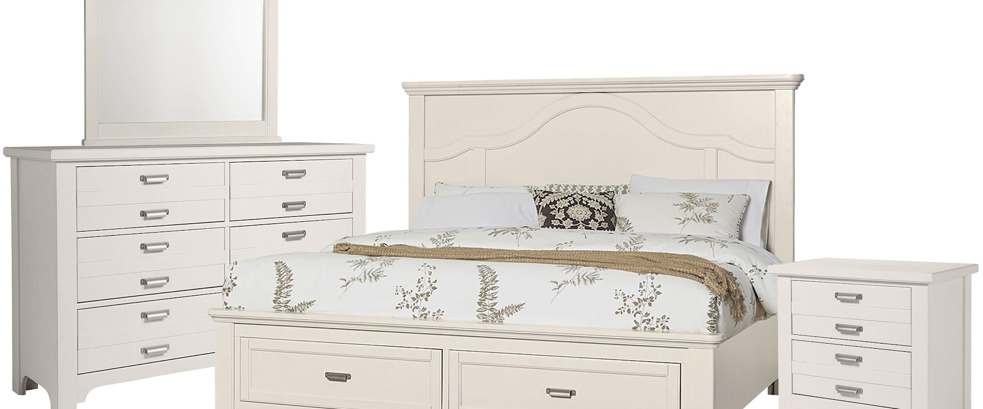 King Mantel Storage Bed, Double Dresser, Landscape Mirror, 2 Drawer Nightstand