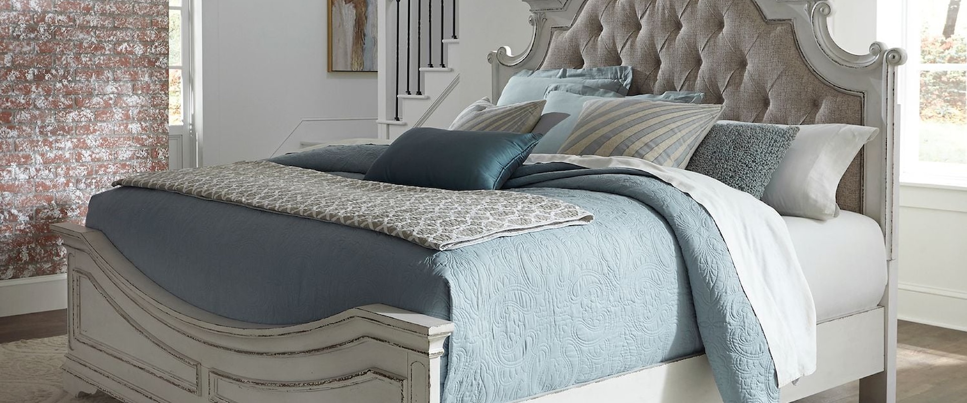 King Upholstered Bed, Drawer Dresser, Mirror & 2 Drawer Nightstand