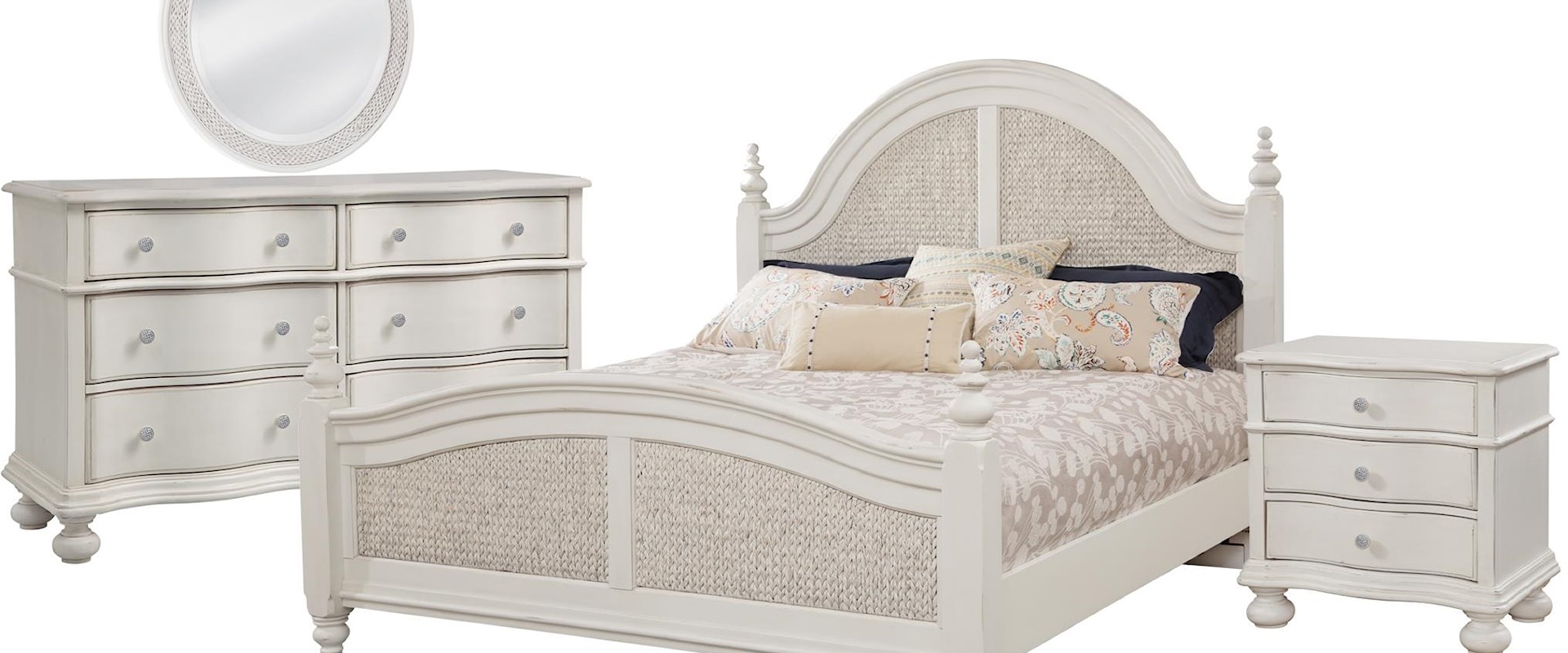 King Woven Bed, 6 Drawer Dresser, Round Mirror, 3 Drawer Nghtstand