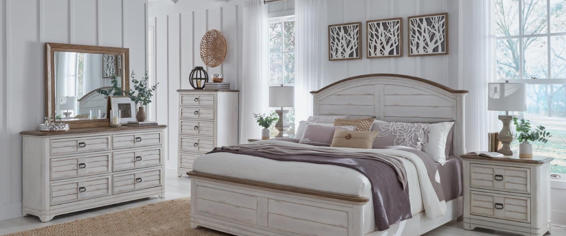 Queen Panel Bed, Dresser, Mirror, & Nightstand