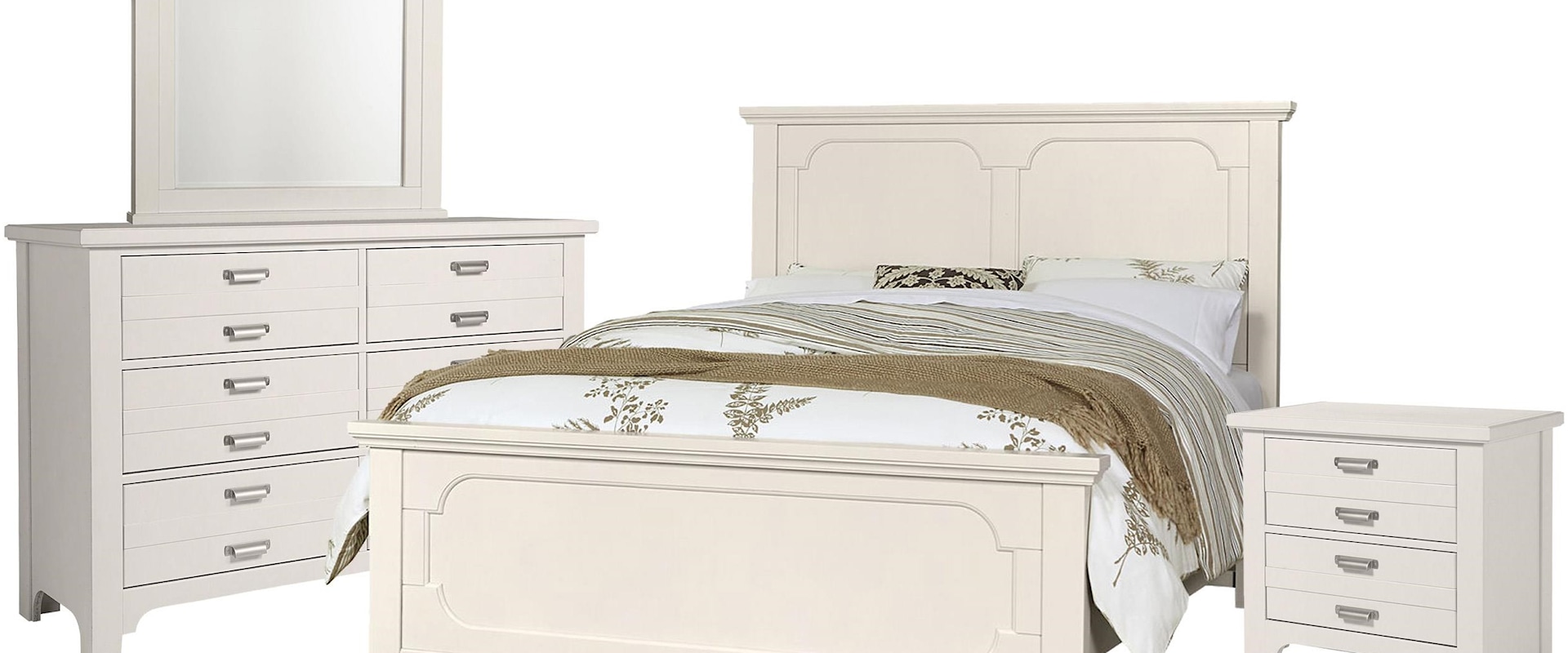 Queen Panel Bed, Double Dresser, Arch Mirror, 2 Drawer Nightstand