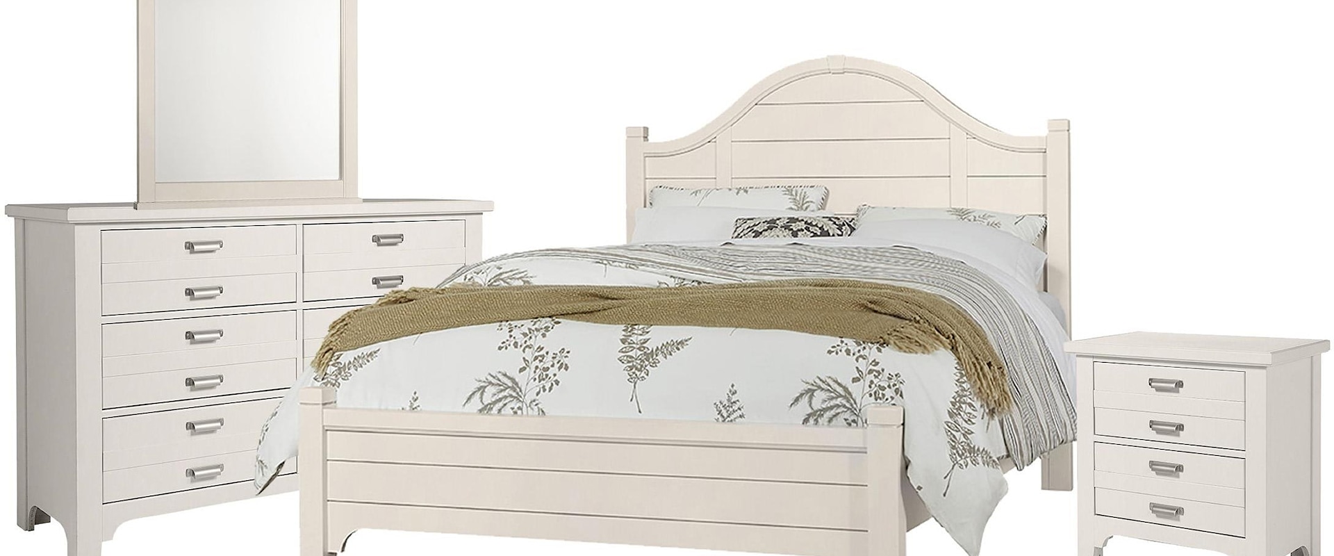 Queen Arch Bed, 6 Drawer Dresser, Landscape Mirror, 2 Drawer Nightstand