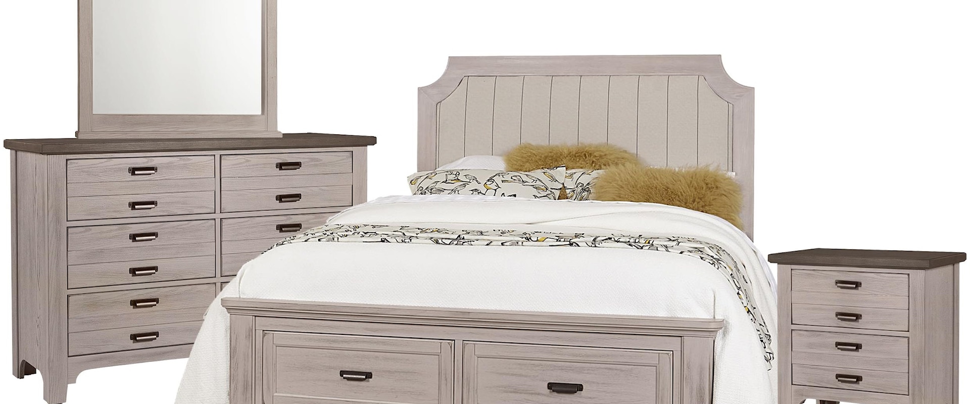 Queen Upholstered Storage Bed, Double Dresser, Landscape Mirror, 2 Drawer Nightstand