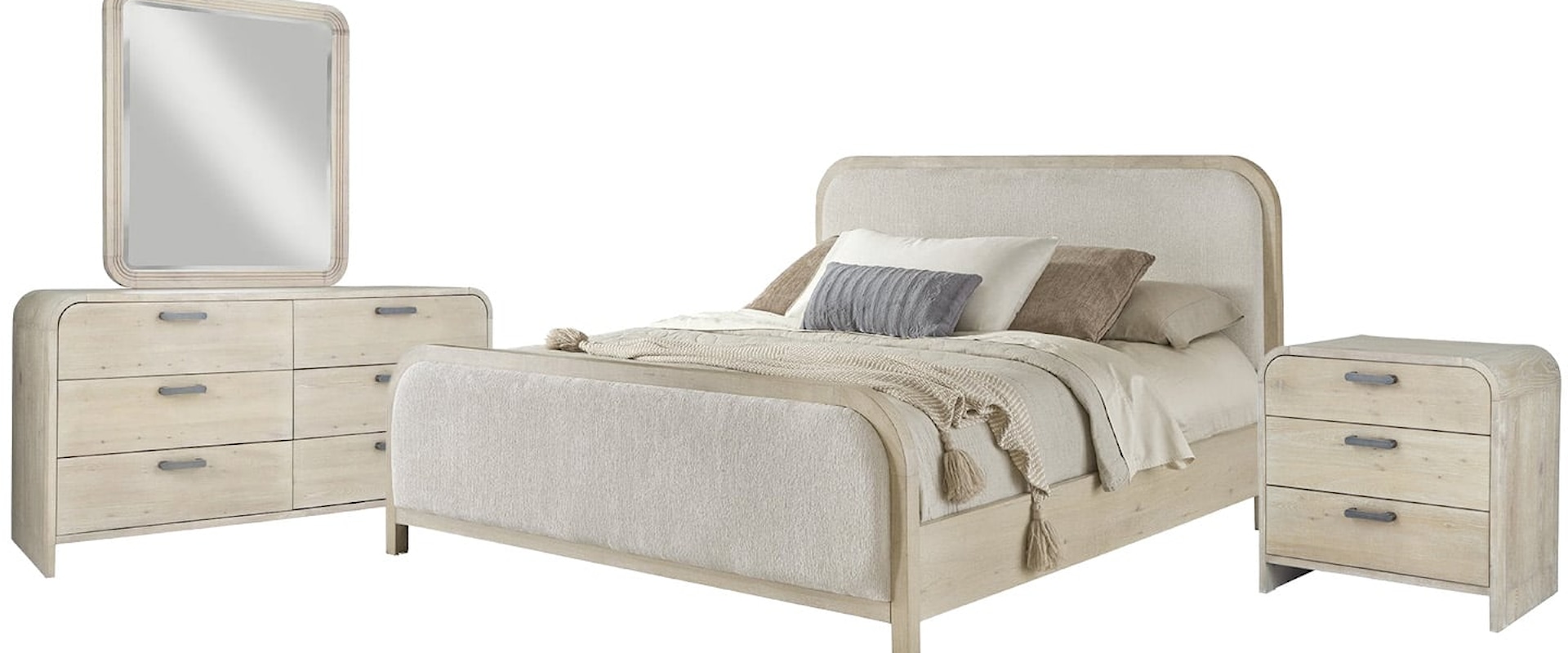 Queen Upholstered Bed, Dresser, Mirror, & Nightstand