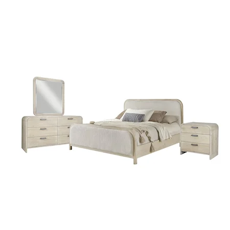 Queen Upholstered Bed, Dresser, Mirror, & Nightstand