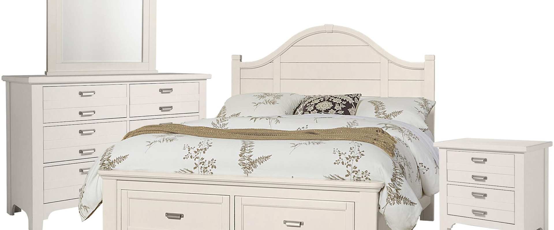 Queen Arch Storage Bed, Double Dresser, Arch Mirror, 2 Drawer Nightstand