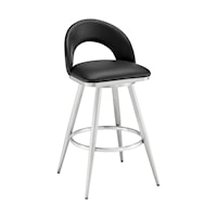 Contemporary Swivel Counter Stool in Brushed Stainless Steel and Black Faux Leather