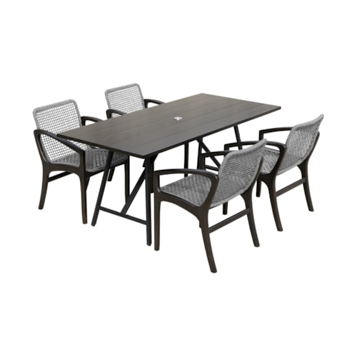 Mid-Century Modern 5 Piece Outdoor Patio Dining Set in Dark Eucalyptus Wood and Gray Rope