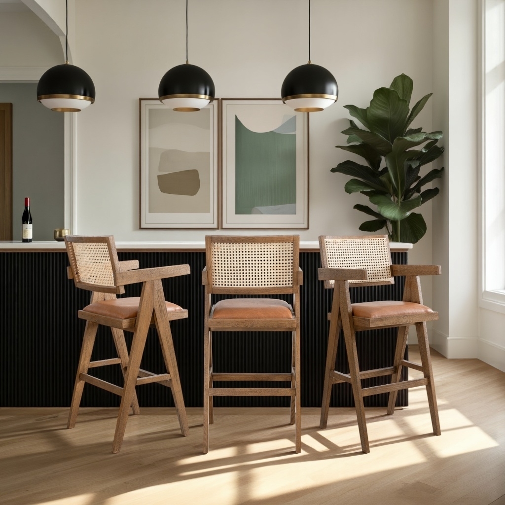 Armen Living Harley Woven-Back Barstool w/Upholstered Seat