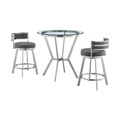 Naomi and Roman 3-Piece Counter Height Dining Set in Brushed Stainless Steel and Grey Faux Leather
