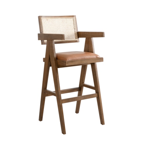 Modern Rustic Woven-Back Barstool with Upholstered Seat