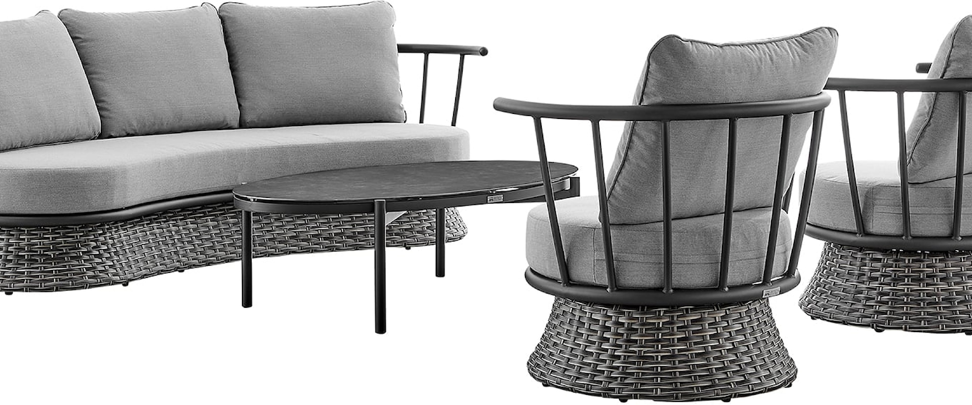 Coastal Casual Grey Wicker Outdoor Set with Sofa and Swivel Chairs