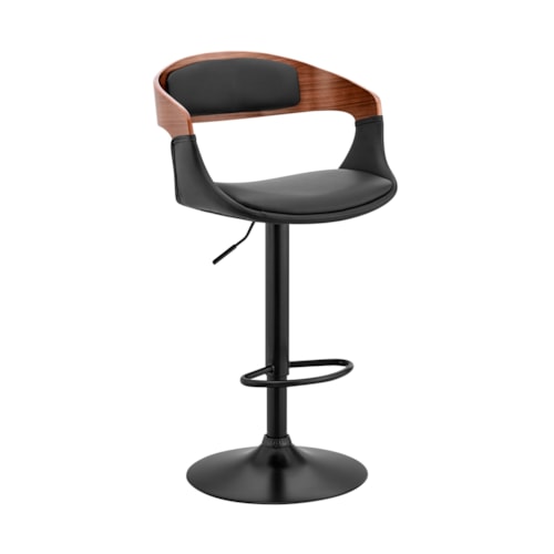 Adjustable Black Faux Leather and Walnut Wood Bar Stool with Black Base