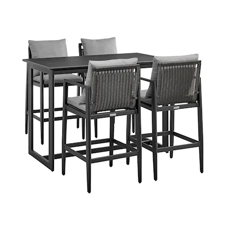 Cayman Outdoor Patio 5-Piece Bar Table Set in Aluminum with Grey Cushions
