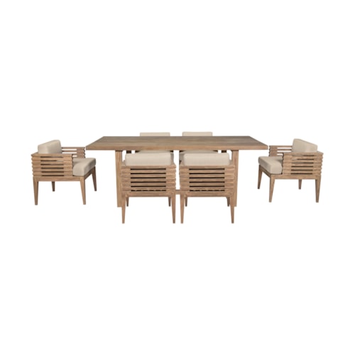 Contemporary 7-Piece Brown Outdoor Dining Set with Slatted Wood Arms