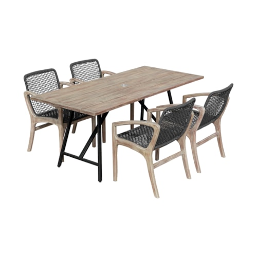 Mid-Century Modern 5 Piece Outdoor Patio Dining Set in Light Eucalyptus Wood and Charcoal Rope
