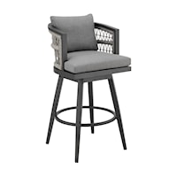 Transitional Patio Swivel Barstool with Rope Arm Accents and Cushioned Seating