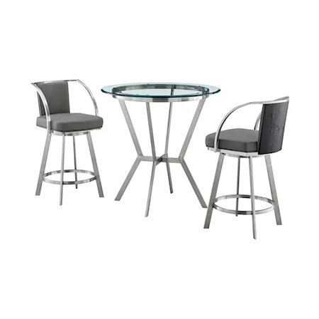 Naomi and Livingston 3-Piece Counter Height Dining Set in Brushed Stainless Steel and Grey Faux Leather