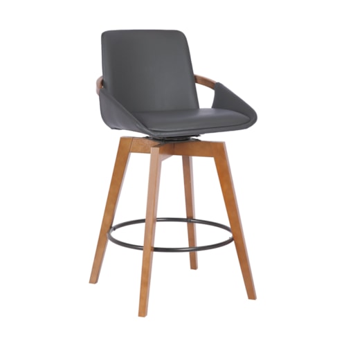 26" Gray Faux Leather and Walnut Wood Swivel Bar Stool