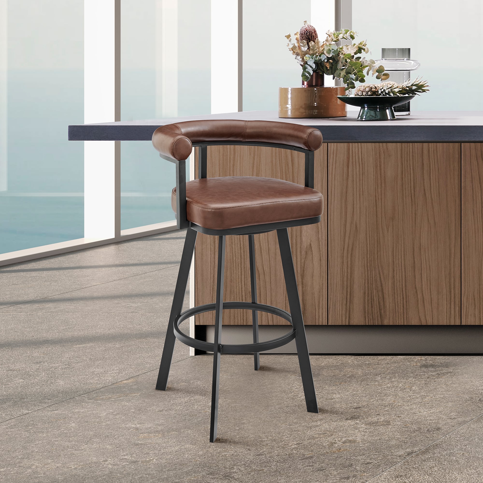 Armen Living Magnolia Open Barrel-Back Swivel Barstool
