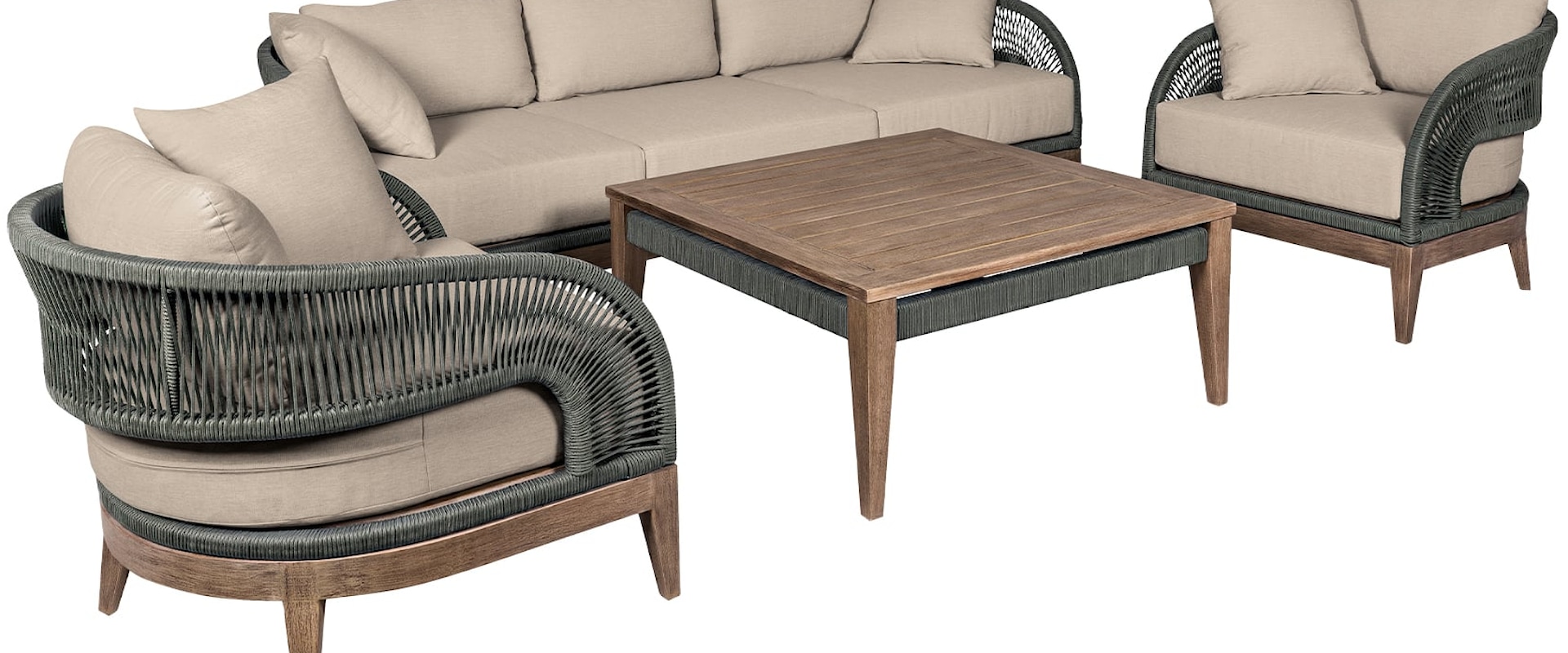 Contemporary Outdoor Conversation Set with Eucalyptus Wood and Rope Accents