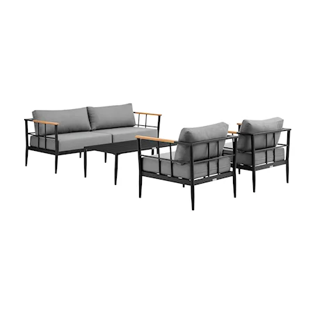 Veyda Outdoor Patio 4-Piece Lounge Set in Aluminum with Teak Wood and Grey Cushions