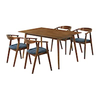 Mid-Century Modern 5 Piece Walnut Wood Dining Set with Blue Fabric