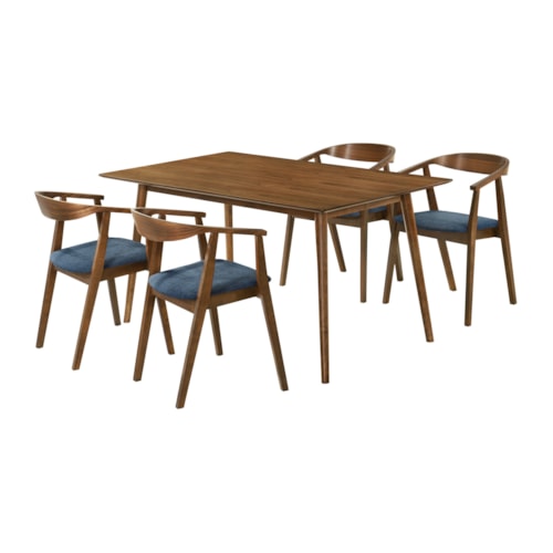 Mid-Century Modern 5 Piece Walnut Wood Dining Set with Blue Fabric