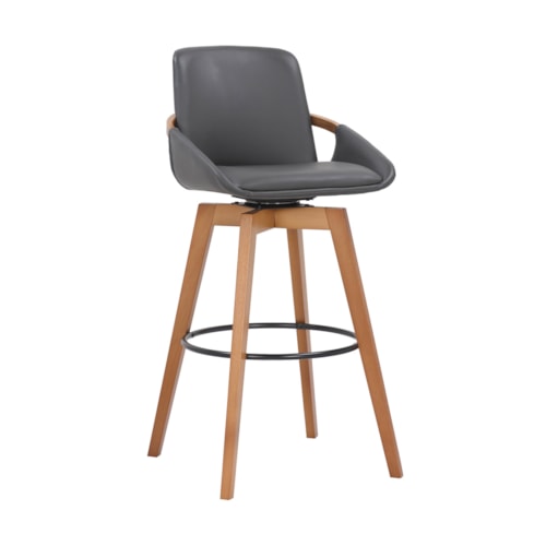 30" Gray Faux Leather and Walnut Wood Swivel Bar Stool