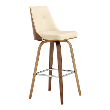 Contemporary Swivel Bar Stool in Faux Leather and Walnut Wood