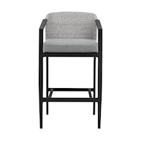 Casual Outdoor Patio Bar Stool in Aluminum and Wicker with Grey Cushions