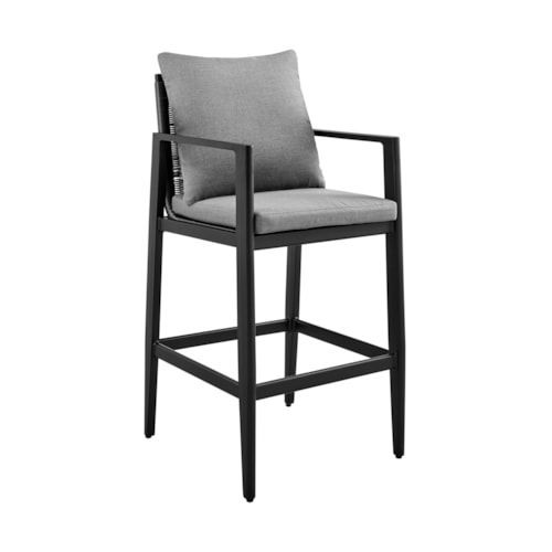 Contemporary Outdoor Aluminum Bar Stool with Grey Cushions