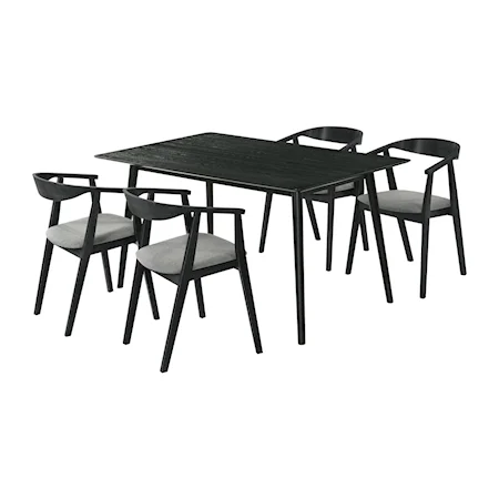 Mid-Century Modern 5 Piece Black Wood Dining Set with Charcoal Fabric